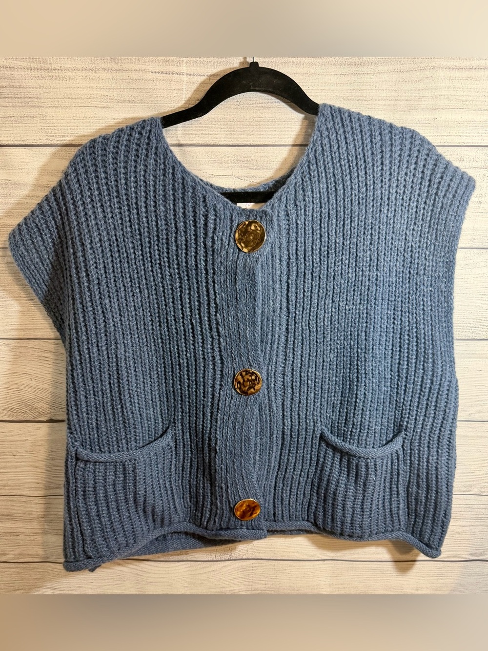 So Me Dusty Blue Chunky Knit Cardigan with Gold-Tone Buttons